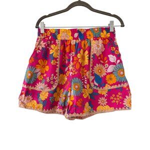 &Merci Tropical Print Elastic Waist Shorts Embroidery Trim Size M Lightweight